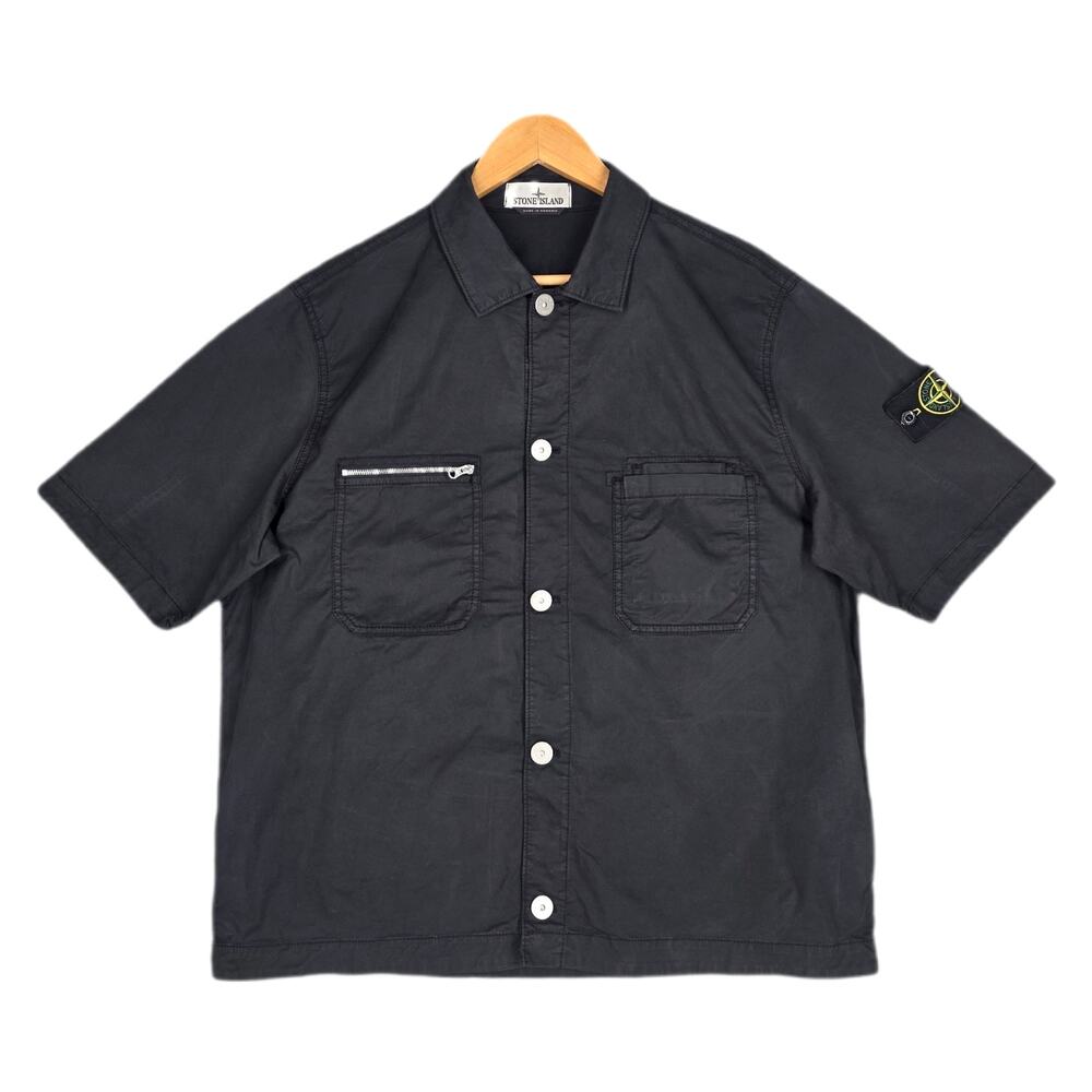 STONE ISLAND SUPIMA COTTON TWILL STRETCH‑TC BLACK SHORT‑SLEEVE OVERSHIRT MEN’S M